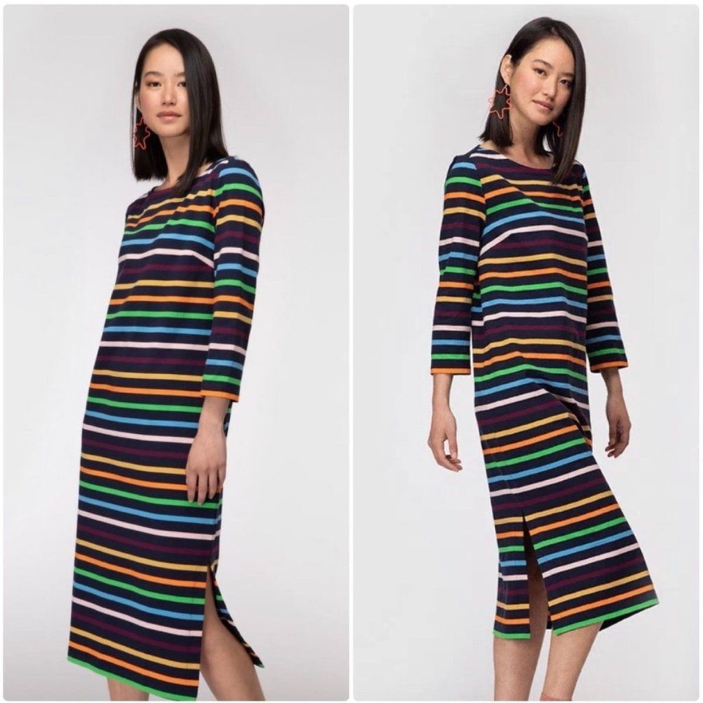 Gorman Navy Blue Colorful Stripes 3/4 Sleeve Side Slit Midi Small • AU 10 • US 6
